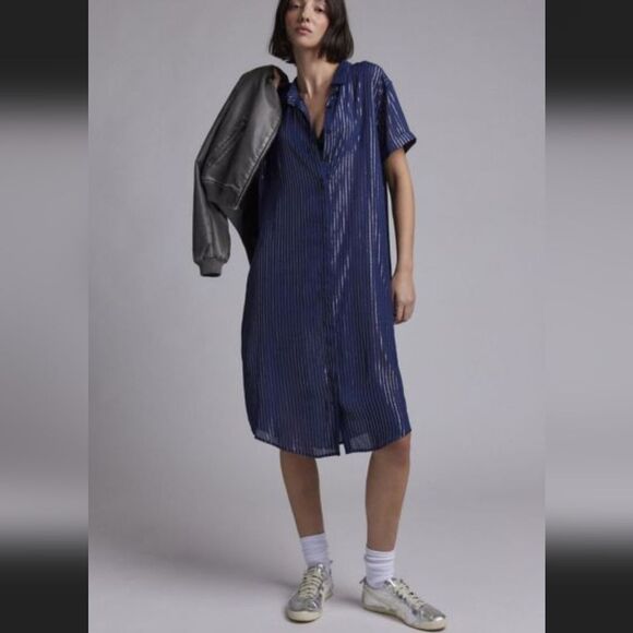 WILDFANG Navy Short sleeve button-down midi length pinstripe shirt dress Large - Picture 5 of 14